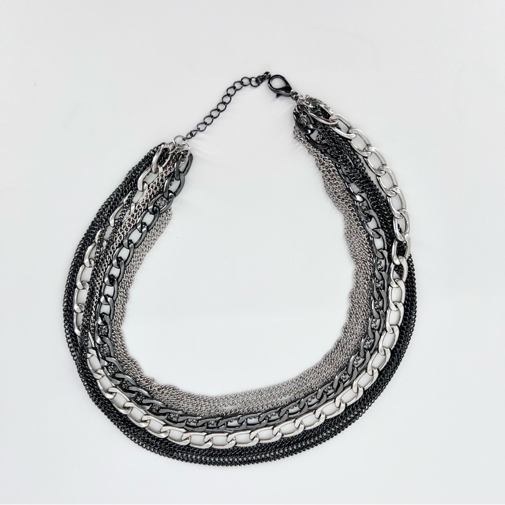 Layered Mixed Metal Chain Necklace Multi Strand Gunmetal Silver Edgy Punk Goth